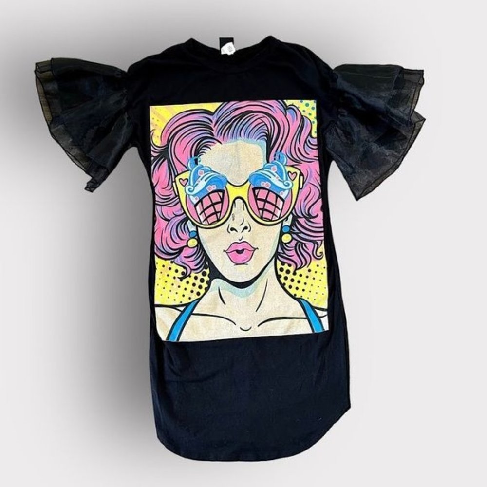 MINETTE Funky Pop Art Exaggerated Tulle Sleeve T-Shirt Dress Black Size M EUC